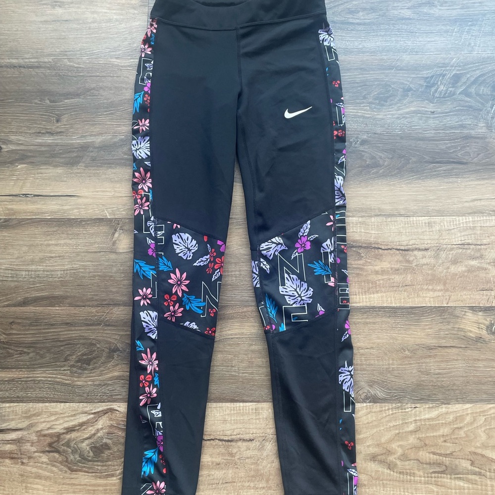 Nike Kids Black Leggings with Floral Accents